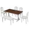 TOPMAX Mid-Century 6-Piece Trestle Table Set with Victorian Round Upholstered Dining Chairs and Long Bench, Cherry+Antique White