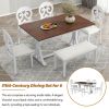 TOPMAX Mid-Century 6-Piece Trestle Table Set with Victorian Round Upholstered Dining Chairs and Long Bench, Cherry+Antique White