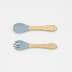 Baby Food Grade Wooden Handles Silicone Spoon Fork Cutlery (Color: Navy Blue (Dark Blue), size: Average Size (0-8Y))