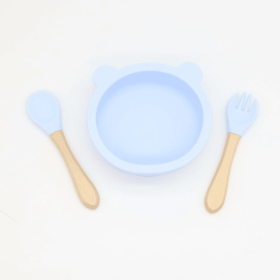 Baby Bear Shape Food Training Silicone Bowl With Spoon Tableware (Color: Light Blue, size: Average Size (0-8Y))